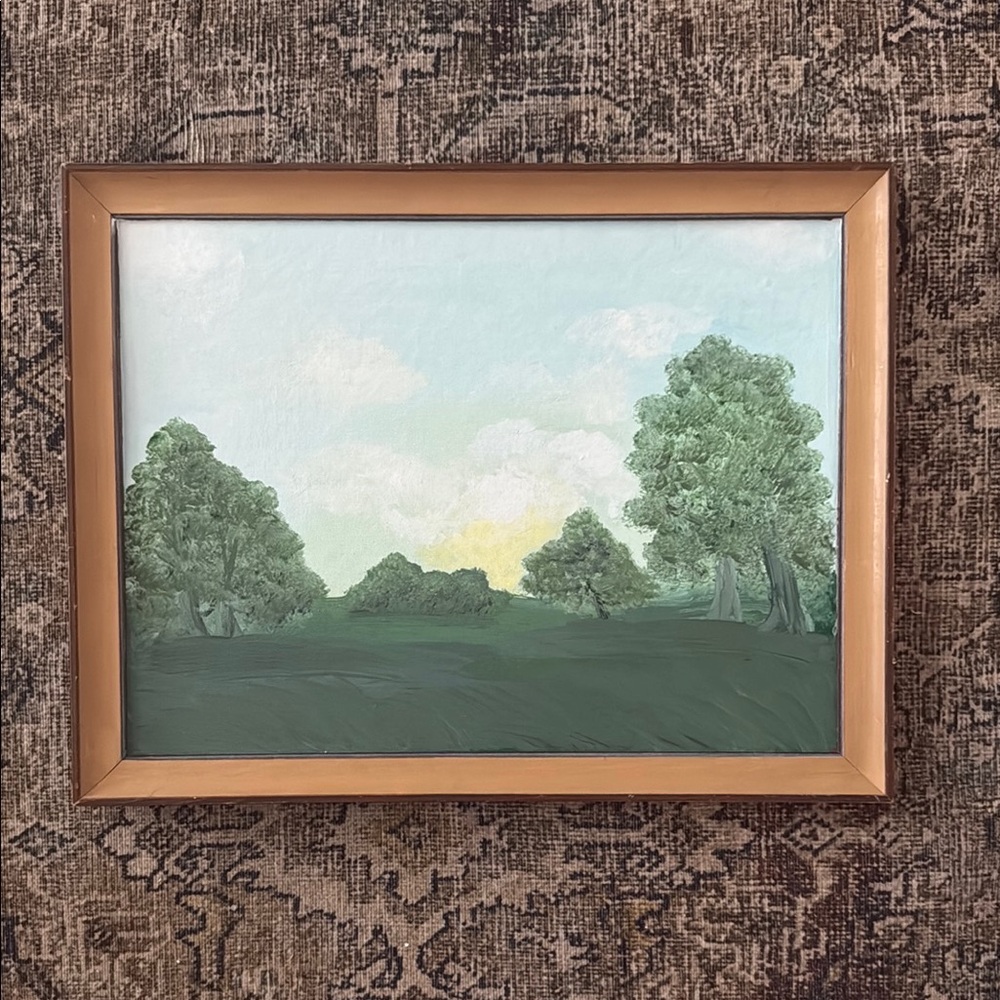 Framed Landscape Painting with Green and Brown Tones